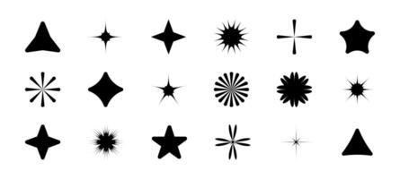 Set Abstract geometric Shapes, Flashes. Different types of Star, explosion and Glitter. Collection black sparkles. Silhouettes of Shine, sun rays, triangle. Design elements. Icons. illustration vector