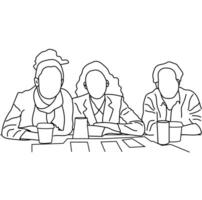 Business people meeting at table, business concept in discussion, presentation, planning, cooperation. Outline, linear, contour, thin line art Design vector