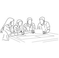 A line drawing of business professionals collaborating on a project line art design vector