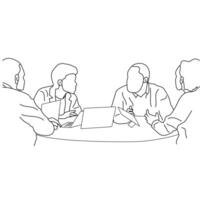 business meeting discussion between workers in cafe round table cartoon Line art. vector