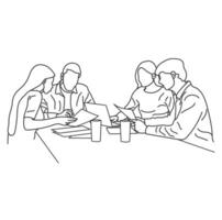 business people meeting at table, business concept in discussion, presentation, planning, cooperation. Outline, linear, contour, thin line art vector