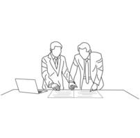Illustration of a business team sitting and discussing a strategy in groups Line art vector