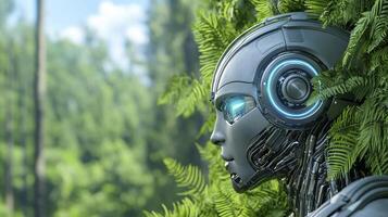 A robot with glowing eyes in the woods photo