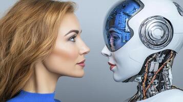 A woman is looking at a robot with her eyes closed photo