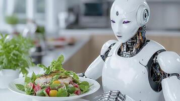 A robot holding a plate of food with vegetables photo