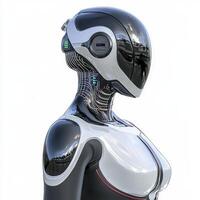 A robot woman with a black and white body photo