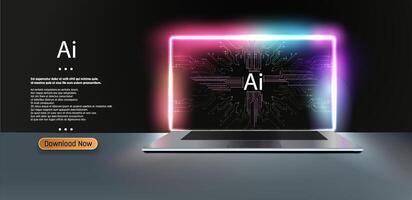 Brightly illuminated laptop showcasing artificial intelligence concept with colorful lights and digital patterns vector
