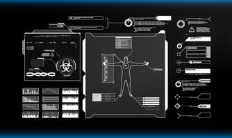 Futuristic biometric interface with data panels, human figure, vector