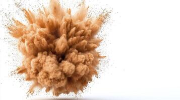 An explosion of brown powder on a white background photo