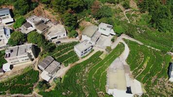 An aerial view of a serene agricultural landscape with various buildings and structures. Media video