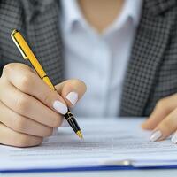 A woman is writing on a piece of paper with a pen photo