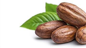 Cocoa beans with leaves on white background photo
