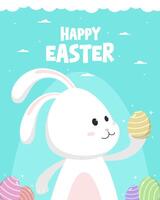 Vertical Happy Easter greeting with bunny looking at egg. Happy Easter post template with eggs and rabbit vector