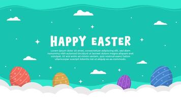 Easter Day horizontal template background with colorful eggs floating on white clouds vector