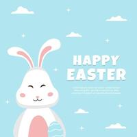 Happy Easter greeting with sitting rabbit holding egg. Easter greeting template with bunny on blue background vector