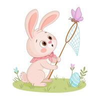 Easter Bunny with a landing net. Hand drawn trendy flat style isolated icon. Rabbit or hare catches a butterfly in a meadow with flowers, spring festive animal holiday character. illustration vector
