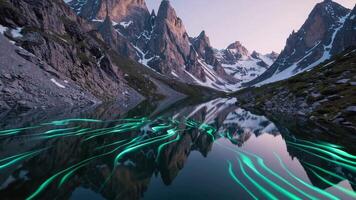 A stunning mountain landscape with a mesmerizing green water reflection that captivates video