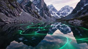 A Serene Reflection of the Majestic Mountains with Vibrant Green Lines Surrounding It video