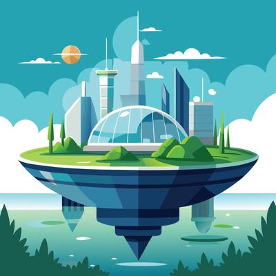 an illustration of a futuristic city floating in the sky design on a white background