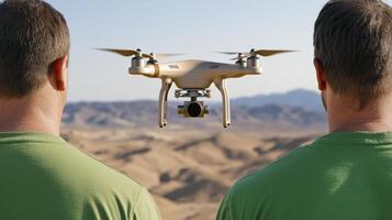 Two men looking at a drone flying over a desert photo