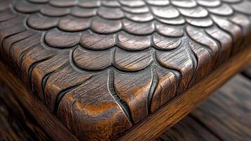 A close up of a wooden table with a fish scale pattern photo