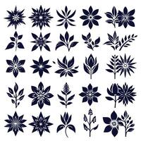 A set of black and white flowers and leaves with a white background vector