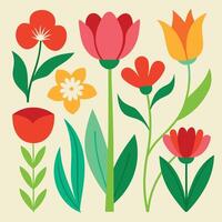 a set of colorful flowers and leaves on a beige background vector