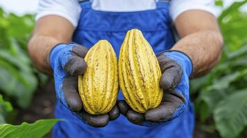 A man holding two cocoa beans in his hands photo