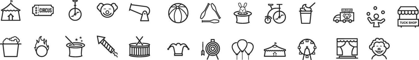 Line icons about circus. Line set of 25 icons for a circus.Editable stroke. vector