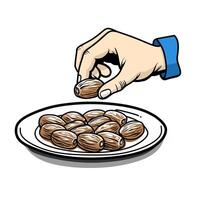 A close-up of a hand picking a date fruit from a plate, with multiple dates arranged neatly on a white plate. The image represents Ramadan and the tradition of breaking fast with dates vector