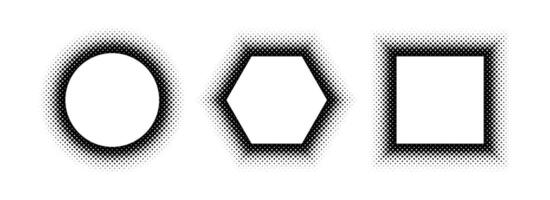 Black halftone geometric frame set. Dotted gradient border collection. Pop art comic picture holder design for banner template, copy space, emblem, poster element. Rasterized framing pack vector