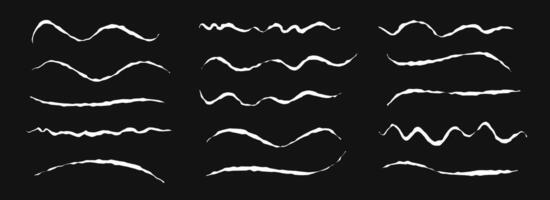 Hand drawn chalk wave lines set. White pastel squiggle underlines and strokes collection. Wavy crayon brushstroke bundles. Rough sketch marks and highlights for divide, separate and emphasis. vector