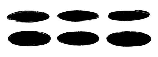 Oval dry paint stains set. Black grunge ink ellipse collection. Textured brush stroke round element pack. Hand drawn charcoal blobs for frame design, template, poster, banner. Circular spots vector