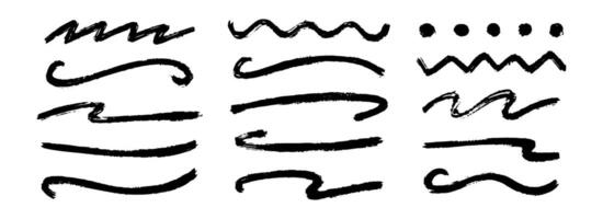 Straight, zigzag and wavy paint line set. Thick sketch brush stroke collection. Rough charcoal squiggle stripes for highlight, underline and emphasis. Hand drawn textured crayon chalk lines vector