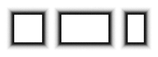 Black halftone rectangle frame set. Dotted gradient border collection. Pop art comic dots picture holder design for banner template, copy space, emblem, poster. Rasterized framing element back vector