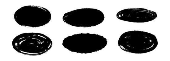 Oval dry paint stains set. Black grunge chalk ellipse collection. Textured brush stroke round element pack. Hand drawn charcoal blobs for frame design, template, poster, banner. Circular spots vector