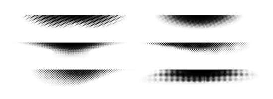 Halftone shadow set. Black dotted gradient stripe collection. Horizontal pixel grain line patterns. Half tone textured shade pack for divide and separate. Noise dots and particles strips vector