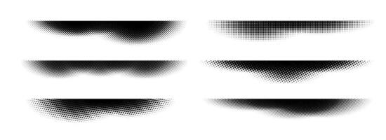Halftone shadow set. Black dotted gradient stripe collection. Horizontal pixel grain line patterns. Half tone textured shade pack for divide and separate. Noise dots and particles strips vector