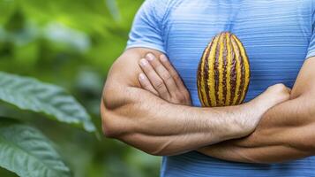 A man holding a cocoa bean in his arms photo