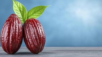 Two ripe cocoa beans with leaves on a blue background photo