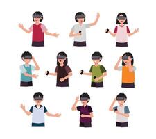 A modern collection of illustrations people using virtual reality gadgets. For tech projects, gaming concepts, futuristic designs, and digital innovation themes vector