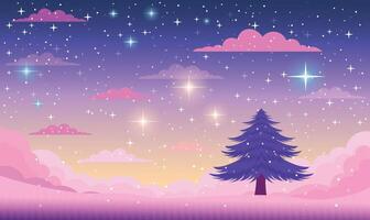 Pine Tree in Clouds Scenery with Beautiful Majestic Sky Panoramic with Twinkling Stars at Night vector