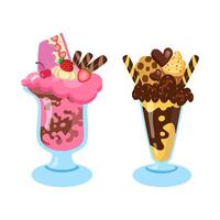 Two delicious dessert or ice cream milkshakes with toppings like cake, cookies, and chocolate. illustration vector