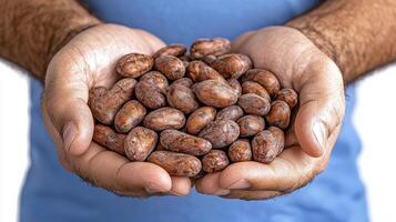 A man holding a handful of cocoa beans photo