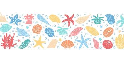 Illustrative underwater life set with corals and seashells. Marine-themed vibrant art featuring reef elements. Ocean pattern with bubbles and colorful marine creatures. vector