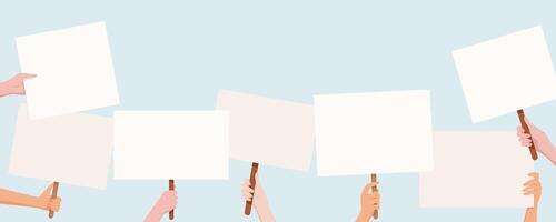 Diverse hands hold protest signs and placards in a unified demonstration. People from the community raise blank banners, combining their strength and voices in a powerful message of protest. vector