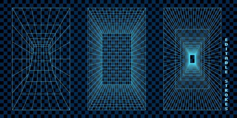 Abstract 3D grid shapes with wireframe mesh, rendered in neon blue. The geometric lines form futuristic y2k tunnels and cyber elements. Tech retro patterns on a dark background.