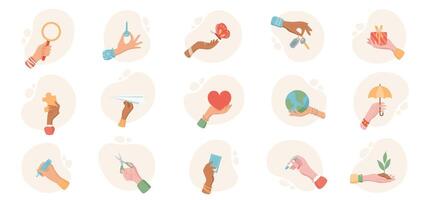 Female hand gestures and symbols set with items in cartoon flat style. Diverse actions like hold, give, and touch by human arms. Isolated icons with heart, planet, puzzle and gift for education. vector