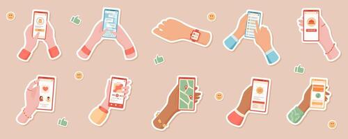 Hands hold smartphone sticker set with mobile apps and technology features. Concept of user interaction, communication, and social media in a flat design style. Ideal for digital marketing. vector