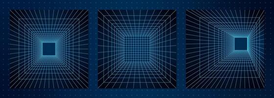 Abstract 3d grid portals with neon lines creating geometric wireframe shapes on dark background. Retro Y2K mesh tunnel design featuring symmetrical patterns in an abstract techno style. vector